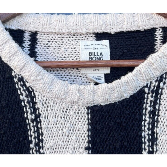 Billabong Sweater Women's LG Cream Black Crew Neck Chunky Pullover Striped Top - Picture 3 of 9